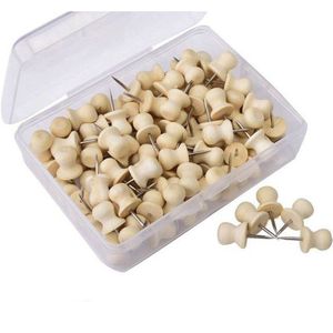 100 pcs Hout Push Pins Houten Duim Kopspijkers Stalen Punt Punaise Transparante Opbergdoos Voor Kurk Boards Kaart Foto 'S Kalender