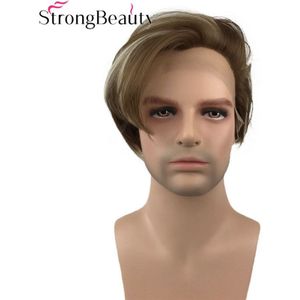 Strongbeauty Straight Mannen Lace Front Pruik Medium Lengte Natuurlijke Pruiken Zwart Synthetisch Haar