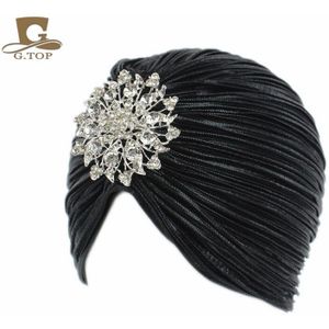 Mode Dames Goud Zilver Diamond Jewel Tulband Hoeden Voor Vrouwen Chemo Bandana Hijab Geplooide Indiase Cap Turbante Hoed