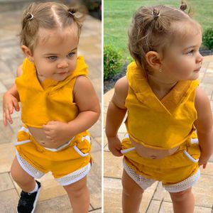 Trend 2 Pcs Kids Baby Girl Mouwloze Hooded Crop Tops Hollow Shorts Trainingspak Zomer Sport Casual Outfit 1-6Y