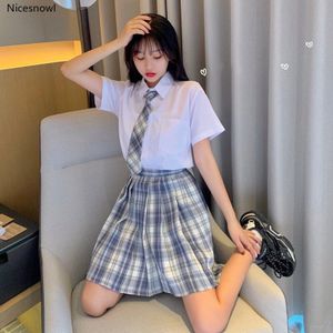 Japanse College Jk Uniform Polo Kraag Korte Mouwen Shirt + Hoge Taille Plaid Geplooide Rok Pak Vrouwelijke Zomer School uniform