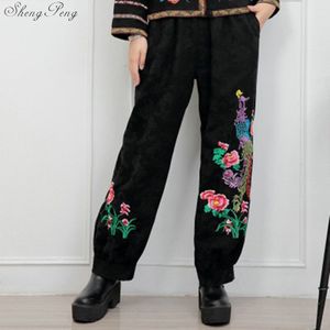 Vrouwen herfst lente etnische zwarte bloemen borduren harembroek capri broek broek Traditionele Chinese kleding V1356