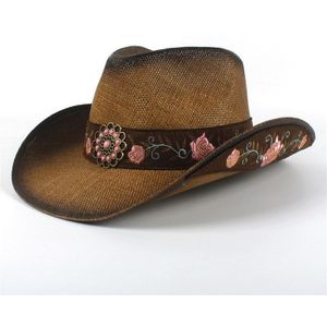 Mode Vrouwen Straw Western Cowboyhoed Zomer Lady Cowgirl Sombrero Caps Met Handwerk Borduurwerk Hoeden