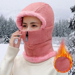 Vrouwelijke Winter Gebreide Hoeden Voeg Bont Gevoerde Warme Winter Hoeden Voor Vrouwen Met Rits Houden Gezicht Warmer Balaclava pompoms Cap