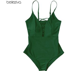 Sexy Vrouwen Een Stuk Badpak Kriskras Plunge Beach Casual Badmode Effen Groen Beachwear Badpakken Monokini Goedkope