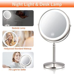8 Inch Dubbelzijdige Make-Up Spiegel Met 3 Kleur Led Verlichting 10X Vergrootglas Oplaadbare Touch Dimbare Cosmetische Spiegels
