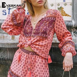 Everkaki Vrouwen Blouses Top Boho Bloemenprint Shirts Hals Kwasten Gebonden Dames Vintage Blouse Tops Vrouwelijke Lente Zomer