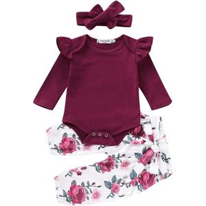 3 stks Pasgeboren Baby Meisjes Kleding Tops Romper Bloemen Broek Hoofdband Outfits Set Kleding