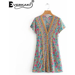 Everkaki Boho Mini Jurk Vrouwen Bloemenprint Lente Back Lace Up Vintage Casual Dames Korte Jurken Vestidos Vrouwelijke Zomer