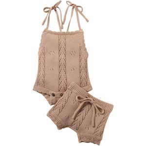 Infant Kids Baby Meisje Jongen Shorts Suits Effen Kleur Sling Gebreide Romper Trekkoord Shorts Verjaardag Sets