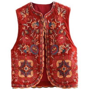 Vintage Herfst Bloemen Borduren Pailletten Fluwelen Vrouwen Vest Mouwloze Vest Dames Bovenkleding Ongedwongen Vest