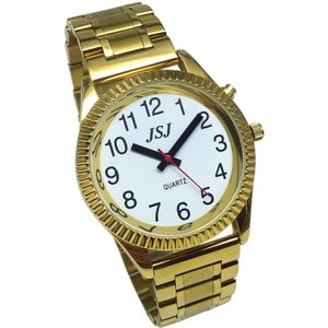Spaans Praten Horloge Met Alarm Functie, Talking Tijd, Witte Wijzerplaat & Vouwsluiting, Golden Case B4-G208W-TS