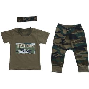 Zomer 3Pcs Baby Jongens Meisjes Outfits Letters Gedrukt T-shirt + Camouflage Lange Broek + Hoofdband Kleding Set
