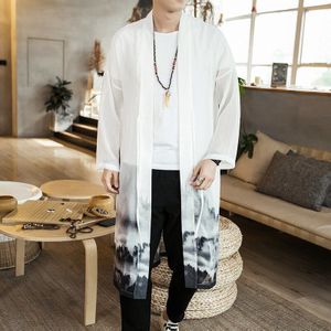 #4214 Zomer Chiffon Windbreaker Mannen Dunne Kimono Lange Trenchcoat Mannen Plus Size 5XL Zonnebrandcrème Open Stitch Chinese Stijl mode