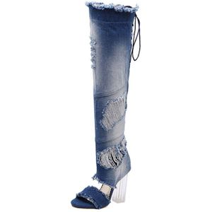 Eilyken Vrouwen Sandalen Zomer Overknee Denim Gladiator Sandalen Laarzen Knie Hoge Open Teen Boot Vrouw Schoenen Hemelsblauw Maat 40