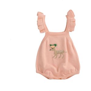 0-18M Baby Jongens Meisjes Knit Rompertjes Ruches Korte Mouw Animal Print Button Jumpsuits