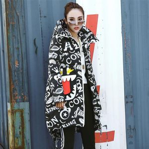 Winter Parka jas vrouwen mond Gedrukt Loose Thicken Warme Jas Hooded Mantel Gewatteerde Sneeuw Parka Big pocket plus size