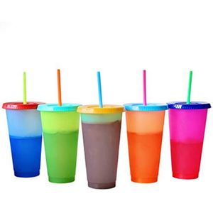 Herbruikbare Warmte Kleur Veranderende Koude Kopjes Zomer Magic Plastic Koffie Mokken Water Flessen Met Rietjes Set Zomer