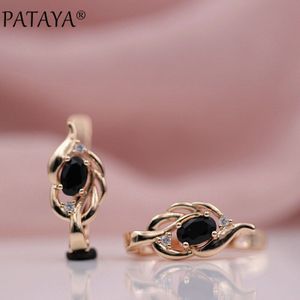 PATAYA 328 Anniversary Vrouwen Bruiloft Sieraden 585 Rose Goud Ovale Donkerblauw Natuurlijke Zirkoon Dangle Oorbellen Accessoires