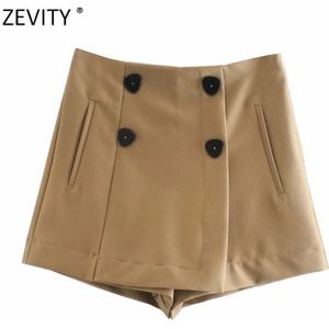 Zevity Vrouwen Vintage Double Breasted Solid Casual Slim Shorts Rokken Dames Side Rits Chic Shorts Pantalone Cortos P960