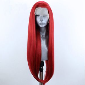 Bombshell Rood Steil Haar Synthetische Lace Front Pruik Natuurlijke Haarlijn Hittebestendige Vezel Haar Zijscheiding Voor Vrouwen Pruiken