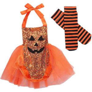 Baby Meisje Halloween Pompoen Gezicht Sequin Halter Romper Tutu Jurk + Gestreepte Sokken 2 Stuks Outfits