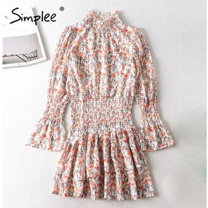 Simplee Casual Print Jurk Hoge Hals Slim Gezellig Bubble Mouw Jurk Stijl Hoge Taille Pastorale Herfst Winter Jurk