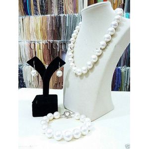 Real Ms-Sieraden Vrouwen Bruiloft Grote 11-12 Mm Ronde Witte South Sea Shell Parel Ketting Armband oorbel Set 5.23 Noble Lady 'S