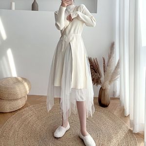 Tweedelige Sets Mode Vrouwen Jurk Trui Effen Kleur Slanke Kant Riem Koreaanse Herfst Winter Lange Mouw Hoge taille