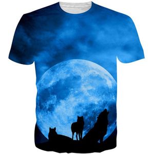 Blauwe Sterrenhemel Grote Maan 3 Zwarte Wolf Print Mode Korte Mouwen T-shirt