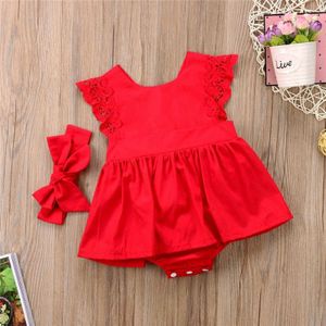 0-24M Leuke Baby Ruffle Rood Kant Romper En Hoofdband Outfits Baby Meisjes Prinses Zomer Playsuits Kids Pasgeboren trainingspak