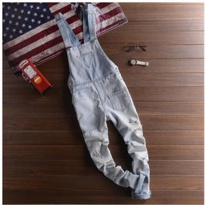 Mode Zakken Gescheurd Denim Bib Overalls mannen Casual Jeans Jumpsuit Bretels Cargo broek A51406