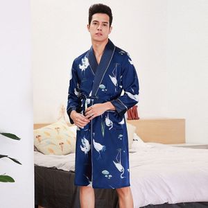 Crane Print Mannen Zijden Kimono Badjas Lange Mouw Nachtkleding Badjas Satijnen Nachtjapon Zomer Thuis Kleding