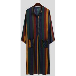 Incerun Mannen Etnische Gewaad Vintage Gestreepte Lange Mouwen Moslim Kaftan Robe O Hals Knoppen Jubba Thobe Zakken Dubai Arabische Kleding