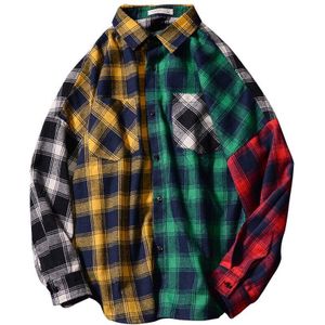 Koreaanse Stijl Vintage Plaid Mannen Shirts Voor Mannen Mode Patchwork Lange Mouw Heren Oversized Shirt Tops Kleding Koszula