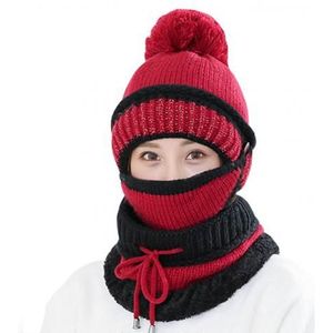 3Pcs Winter Hat Vrouwen Dikker Warme Gebreide Pompom Beanie Hat Cap Sjaal Gezichtsmasker Set