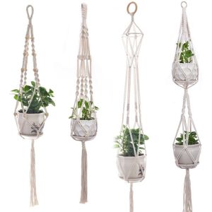 4Pcs/set Nordic Style Hand-woven Flower Pot Woven Basket Net Bag Hanging Basket Net Bag for Home Garden Plant Flower KSI