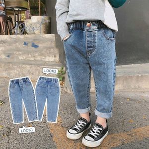 Kids Jongens Herfst Mode Katoen Casual Denim Losse Broek Kinderen Kleding Elastische Knop Hoge Taille Jeans Broek C81
