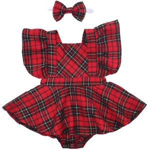 Baby Peuter Kids Baby Meisje Jurk Rode Plaid Losse Casual Prinses Party Lange Mouwen Jurken Hoofddeksels 0-24M pasgeboren Kleding