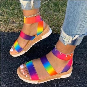 Vrouwen Zomer Enkelbandje Sandalen Regenboog Kleur Platform Wedges Peep Toe Casual Beach Dames Schoenen Zapatos De Mujer