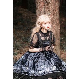 Japanse Zoete Lolita Zachte Meisje Hemdje Jurk Kawaii Diablo Stijl Gothic Printing Ruches Mouwloze Boog Kant Gaas Jsk Dresse