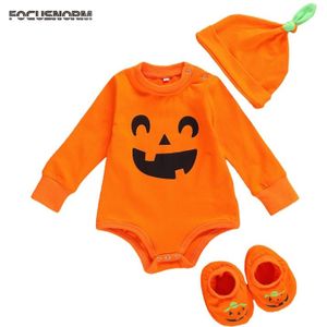 Focusnorm Halloween 0-18M Baby Baby Meisjes Jongens Jumpsuits Hoeden + Schoenen Pompoen Lange Mouw Herfst Jumpsuits