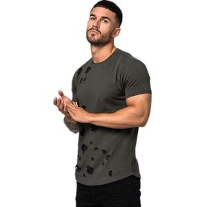 Moomphya Verontruste Ripped Holes Mannen T-shirt Streetwear Hip Hop Tshirt Slim Fit T-shirt Homme Zomer Tops Mannen Mode t-shirt