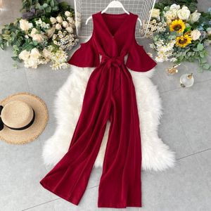 V-hals Off Shoulder Sexy Zomer Volledige Lengte Bandage Jumpsuit Sjerpen Casual Vrouwen Playsuit Strand Tie Romper