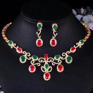 Cwwzircons Vintage Afrikaanse Groene Rode Zirconia Bruiloft Ketting En Oorbellen Brides Sieraden Set Kostuum Accessoires T463