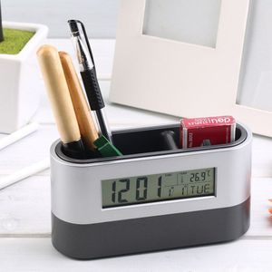 Multifunctionele Digitale Snooze Wekker Met Pen Houder Kalender Temperatuur Display Grey Kleur