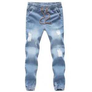 Mannen Mode Jeans Trekkoord Slanke Denim Enkellange Jogging Casual Broek Streetwear Skinny Vernietigd Ripped Broek