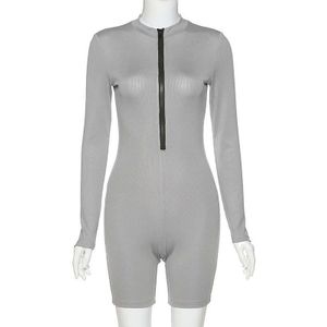 Wannathis Rits V-hals Casual Skinny Romper Vrouwen Elastieken Hight Speelpakje Lange Mouw Effen Kleur Streetwear Bodysuit