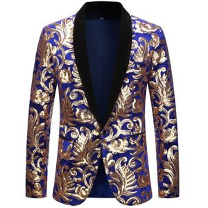 Pyjtrl Pailletten Fluwelen Serie Mens Shawl Revers Bloemen Pailletten Royal Blue Velvet Slim Fit Blazer Podium Zanger Pak Jas