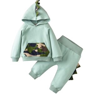 Baby Boy Kleding Broek Pak Camouflage Pocket Hooded T-shirt En Effen Kleur Elastische Lange Broek Dinosaurus Kostuum